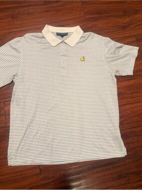 Masters collection White Polo with Thin Navy Stripes and Yellow Logo